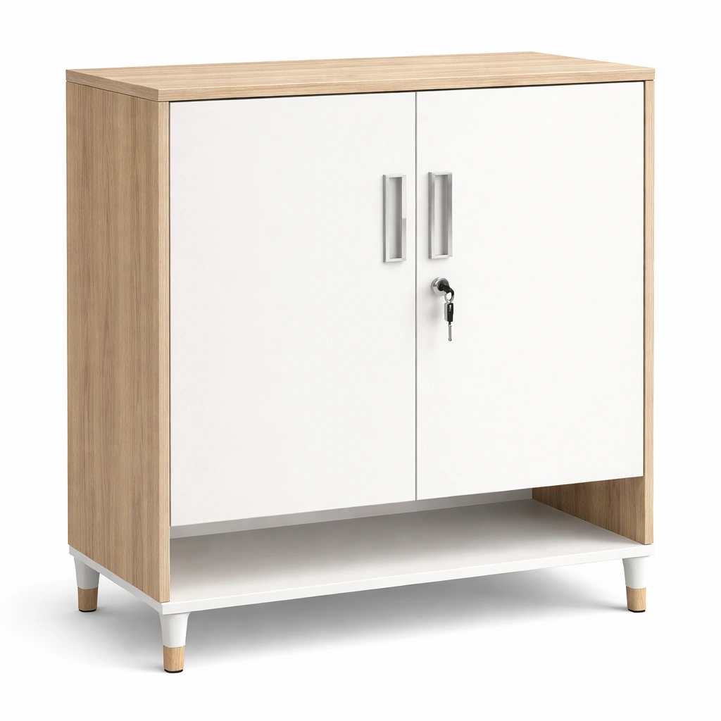 Armario compacto madera clara con puertas blancas y cerradura-cozanoe